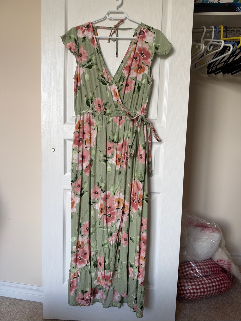 Floral Faux-Wrap Maxi Dress - Light Green with Pink Flowers, Subtle High Low